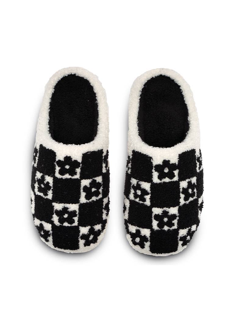 Indoor / Outdoor Slippers -Checkered w/Daisies-Black & White