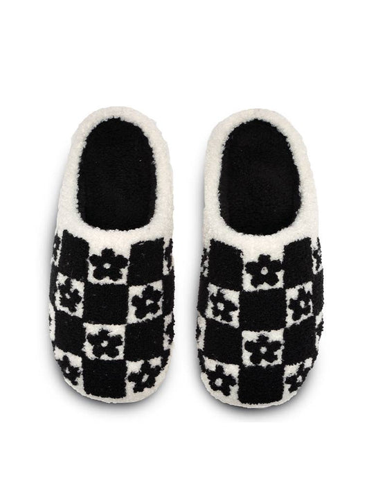 Indoor / Outdoor Slippers -Checkered w/Daisies-Black & White