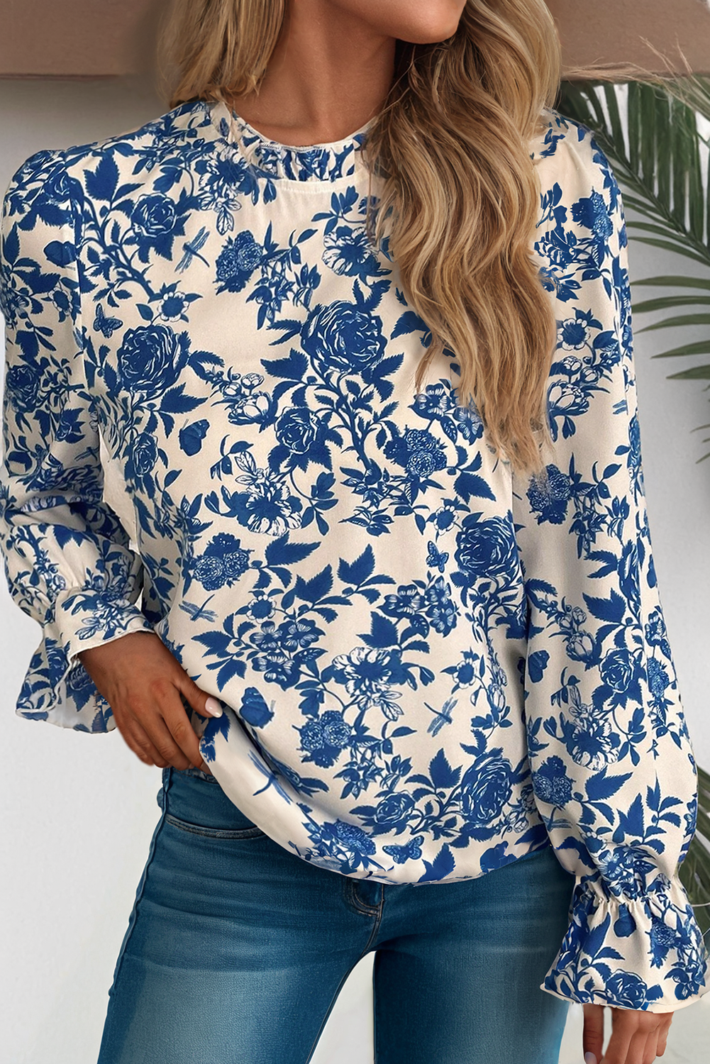 LDC Floral Print Flounce Sleeve Keyhole Back Blouse