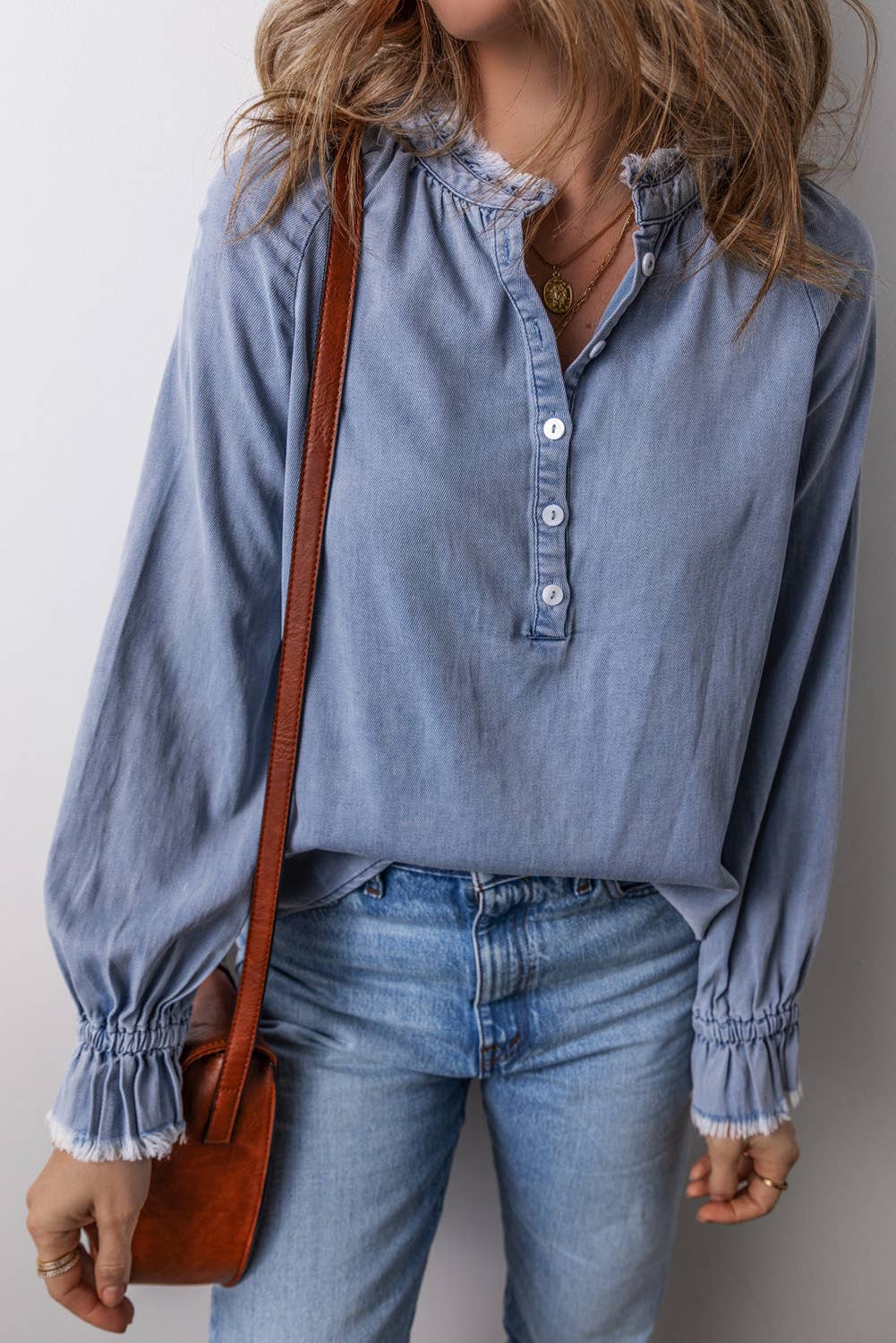 LDC  Frilled Raw Hem Half Buttoned Denim Top