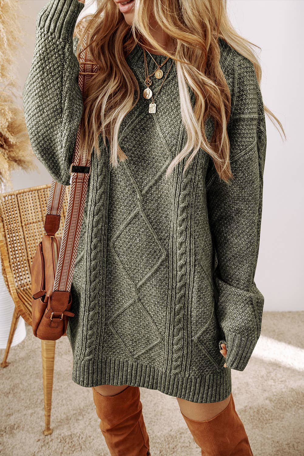 LDC Cable Knit Drop Shoulder Loose Fit Sweater Dress