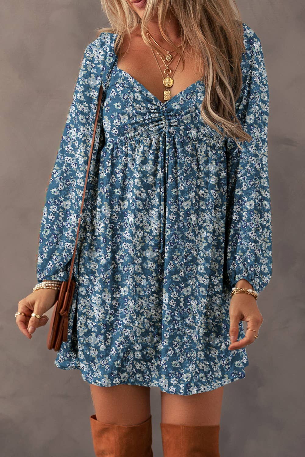 LDC Drawstring Ruched Sweetheart Neck Floral Mini Dress