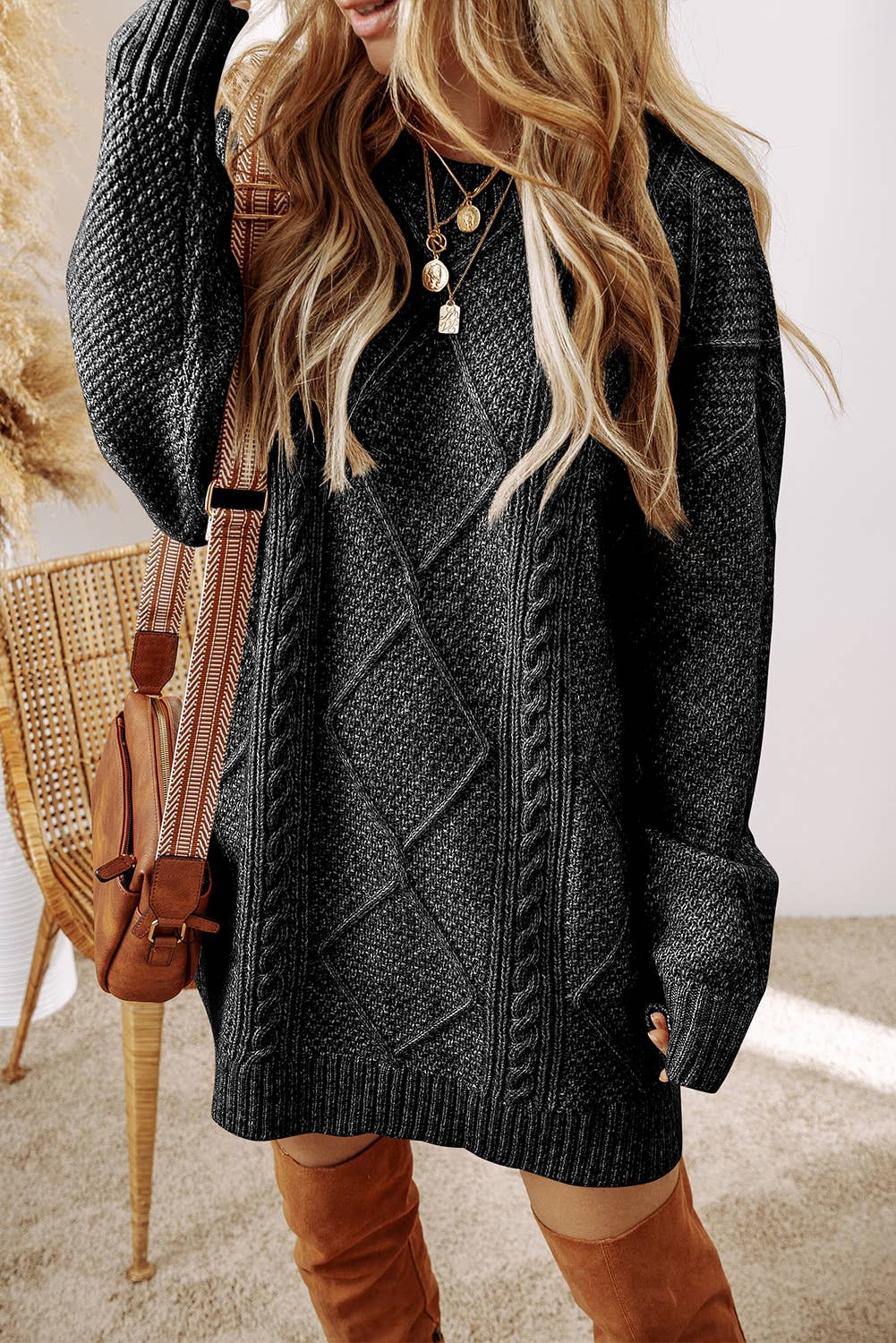 LDC Cable Knit Drop Shoulder Loose Fit Sweater Dress