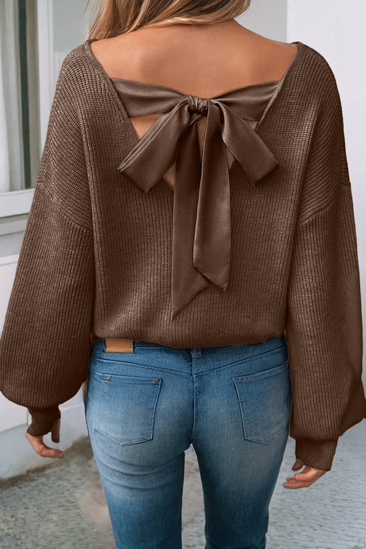 LDC Lantern Sleeve V Neck Knot Back Sweater