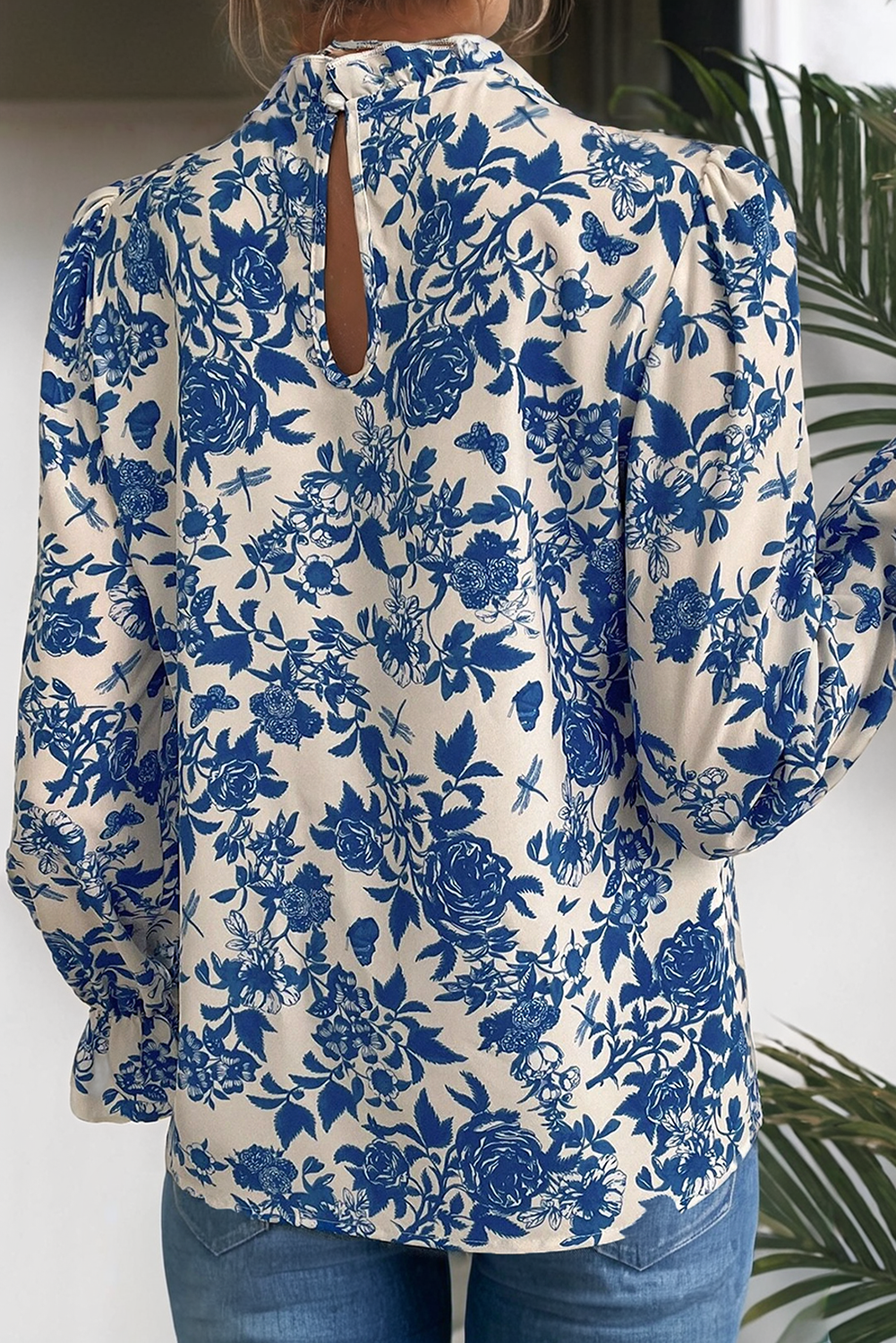 LDC Floral Print Flounce Sleeve Keyhole Back Blouse