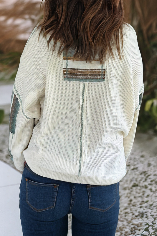 LDC Striped Patchwork Exposed Seam Waffle Knit Top