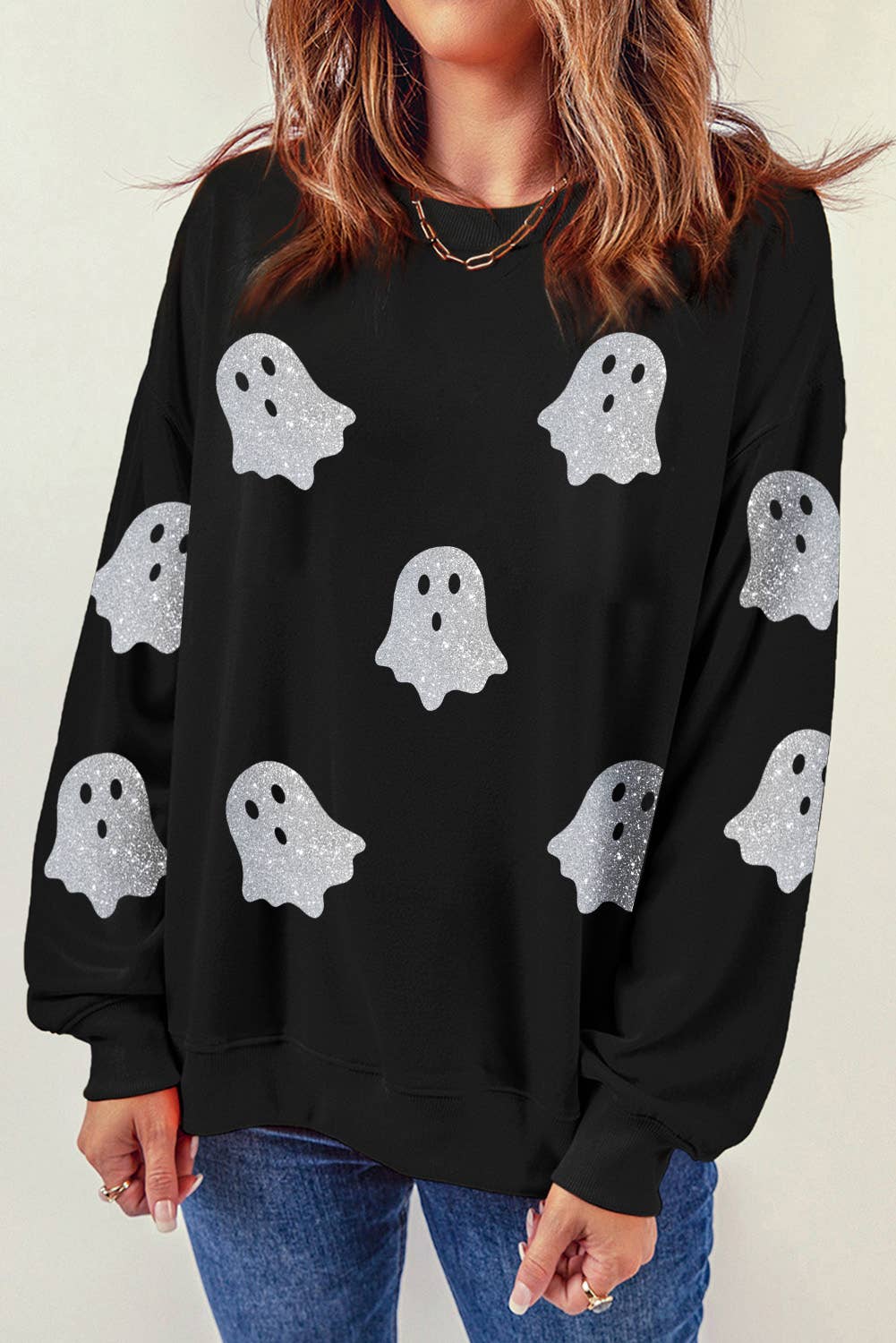 LDC Glitter Ghost Pattern Crew Neck Halloween Sweatshirt
