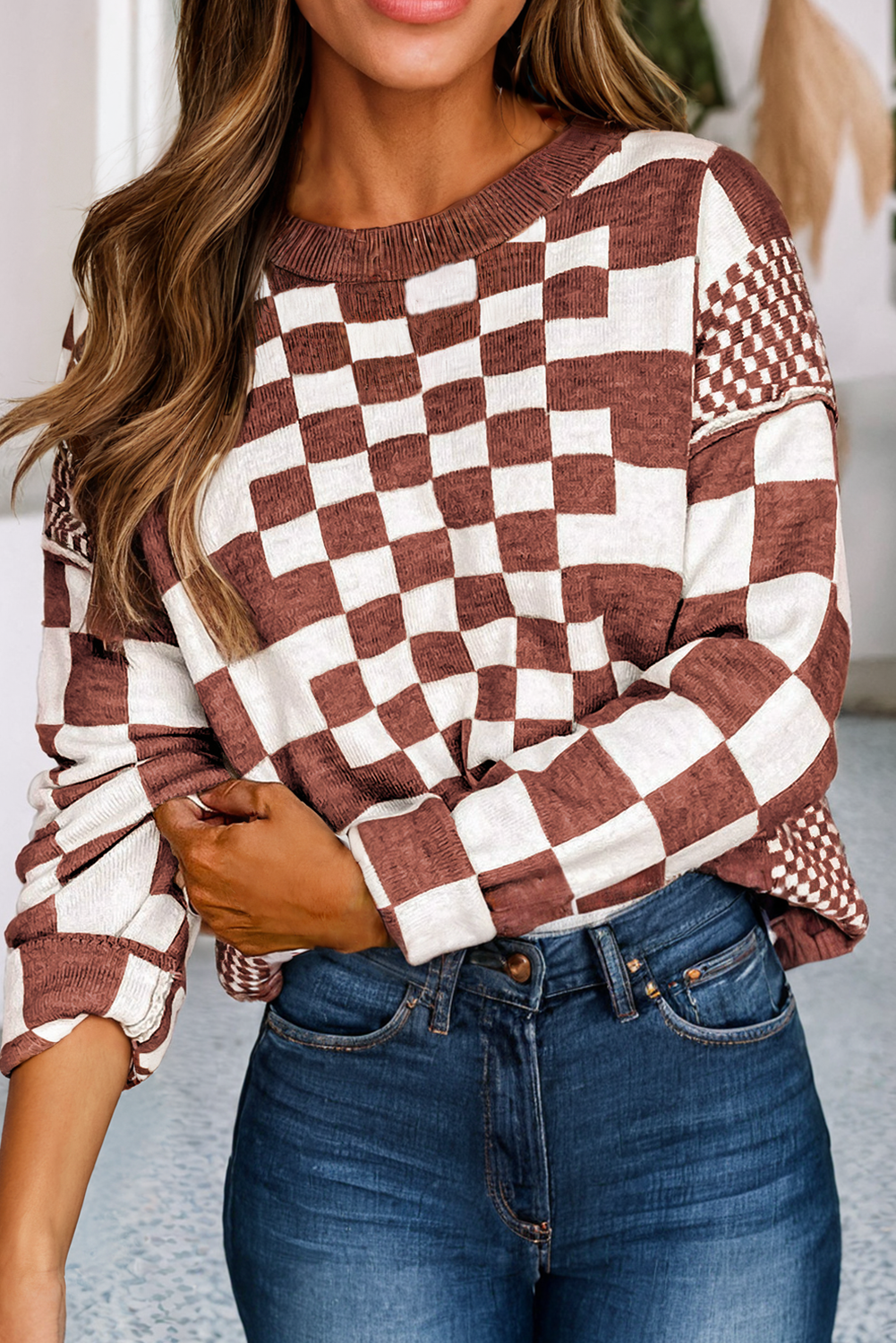 LDC Checkered Print Drop Shoulder Round Neck Sweater