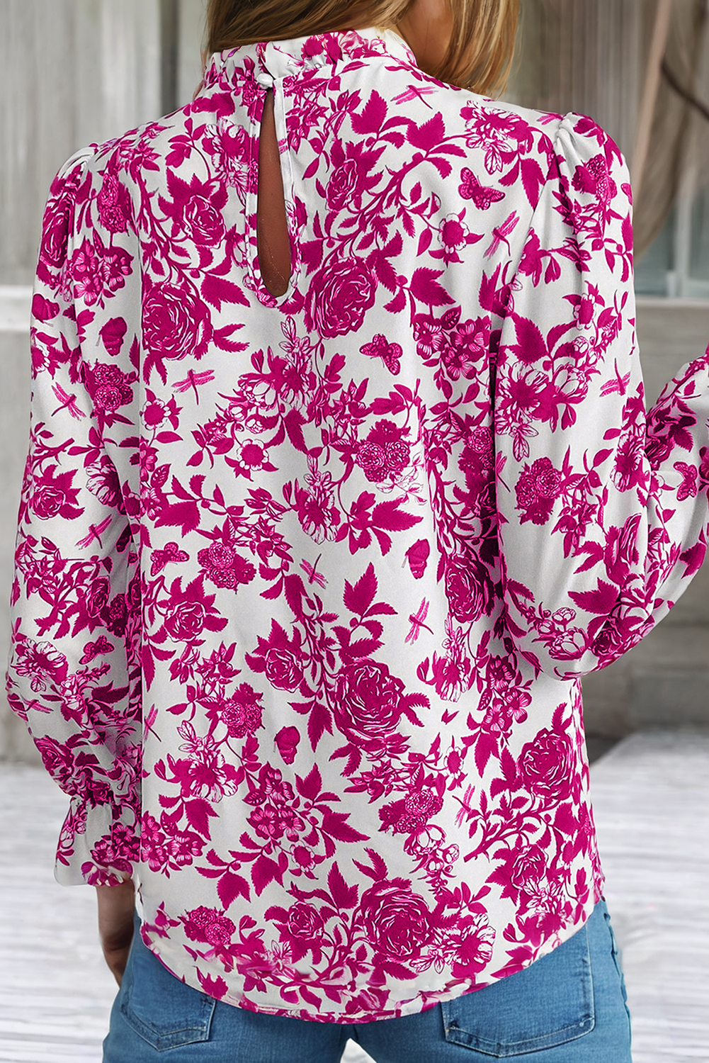 LDC Floral Print Flounce Sleeve Keyhole Back Blouse