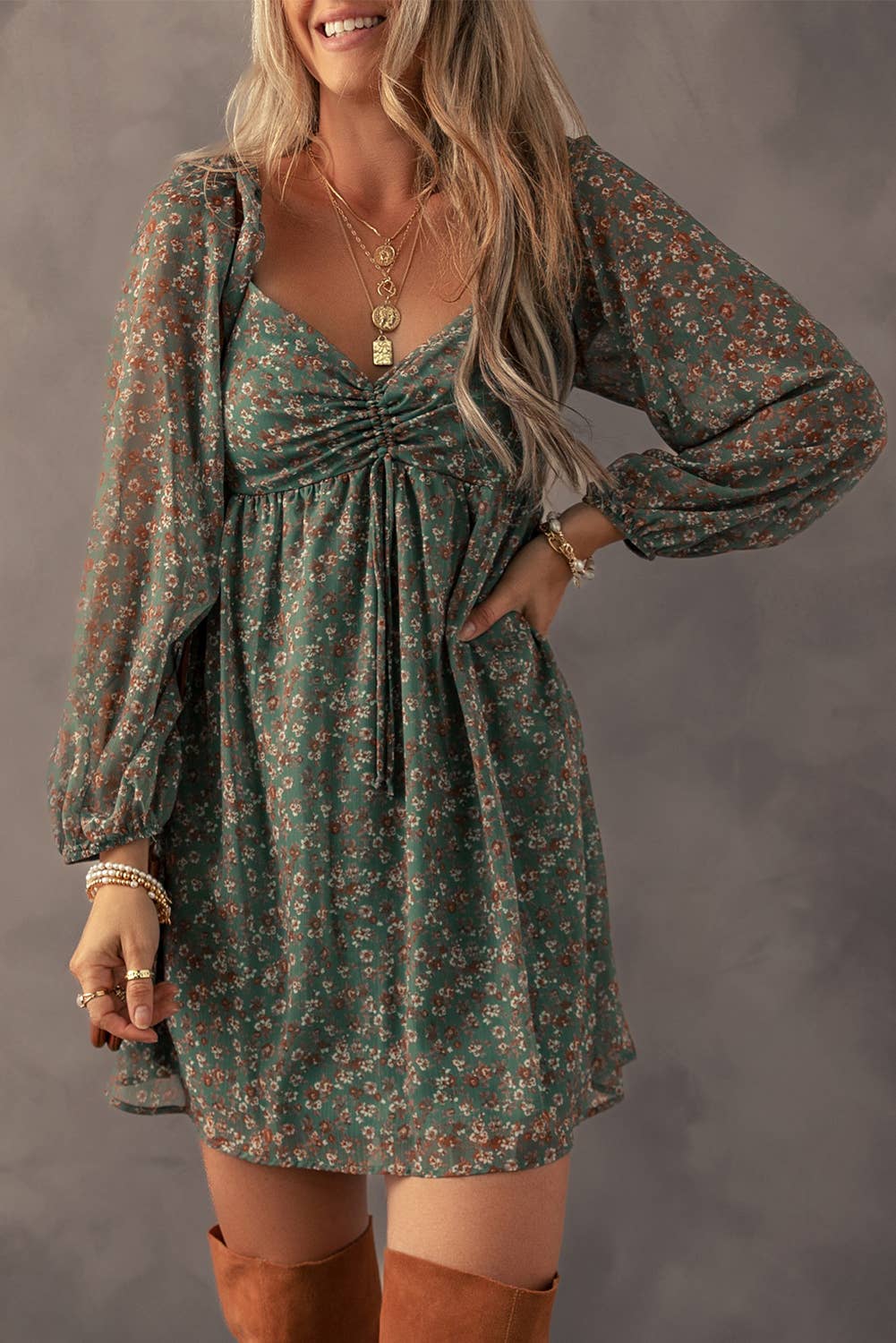 LDC Drawstring Ruched Sweetheart Neck Floral Mini Dress