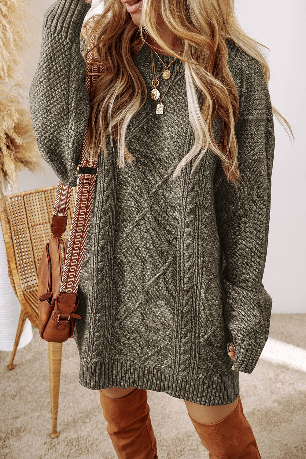 LDC Cable Knit Drop Shoulder Loose Fit Sweater Dress