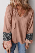 Load image into Gallery viewer, LDC Floral Patchwork Textured Knit Drawstring V Neck Blouse

