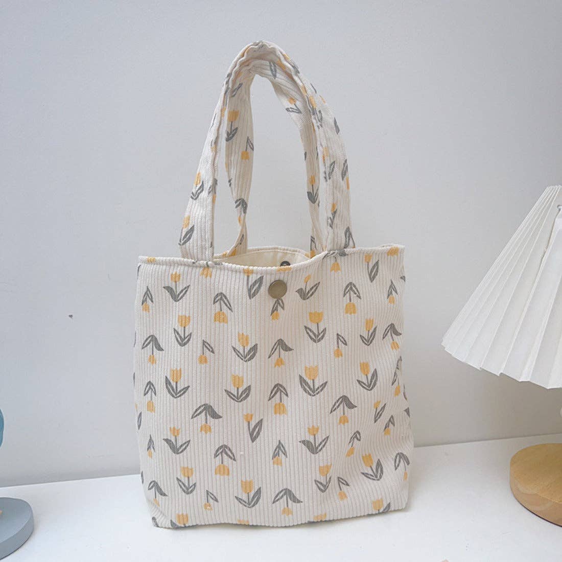 Cosbai - Corduroy Tulip Print Small Tote Bag