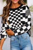 Load image into Gallery viewer, LDC Checkered Print Drop Shoulder Round Neck Sweater

