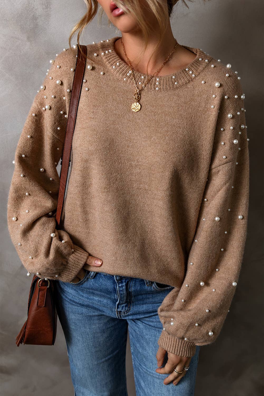 LDC Long Sleeve Round Neck Pearl Pullover Sweater