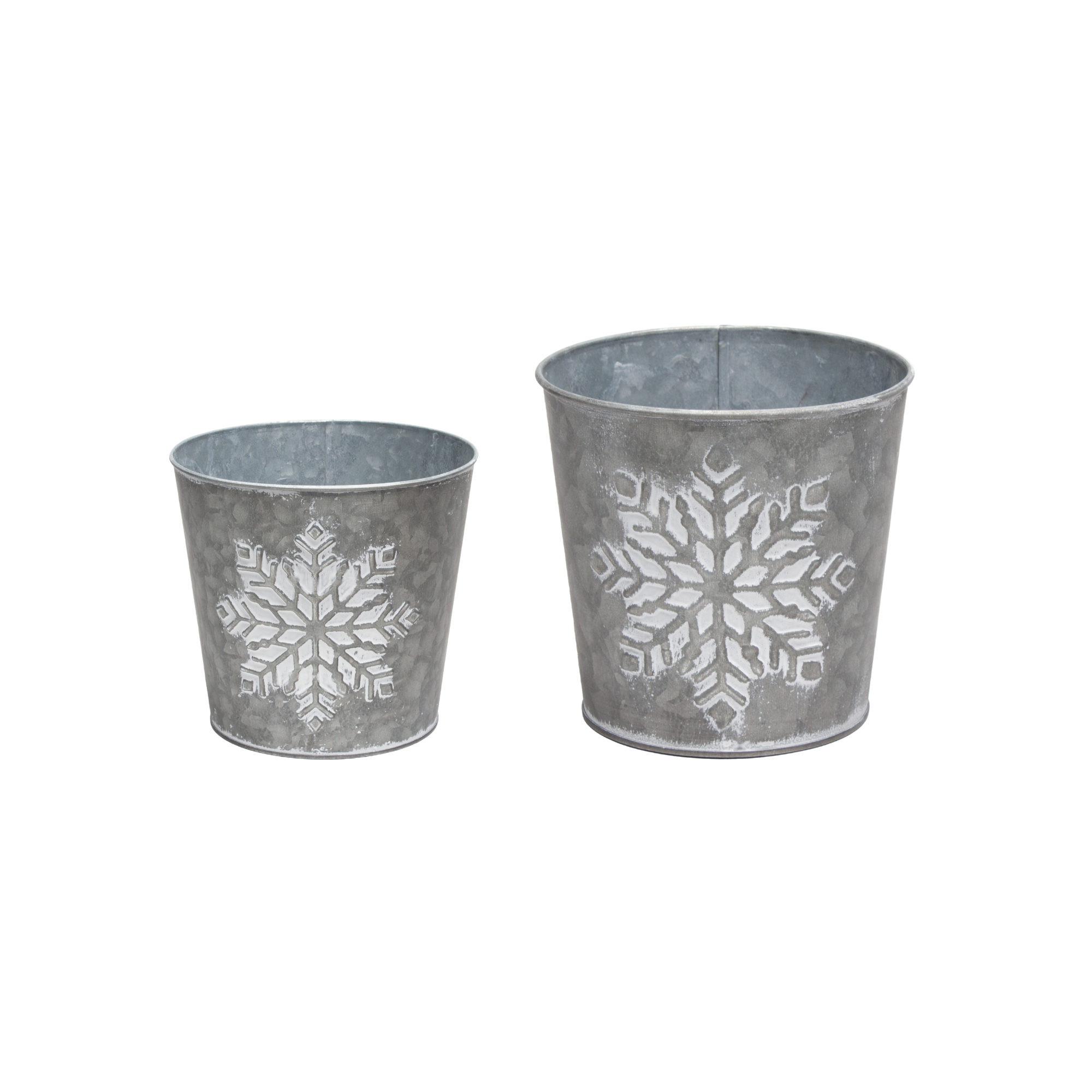 Whitewashed Snowflake Tin Planter - 7"D or 5"D