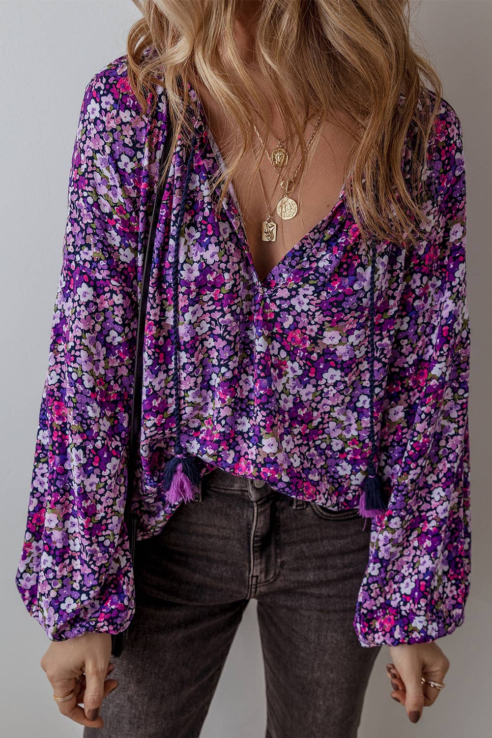 LDC Boho Flower Split V Neck Bubble Sleeve Blouse