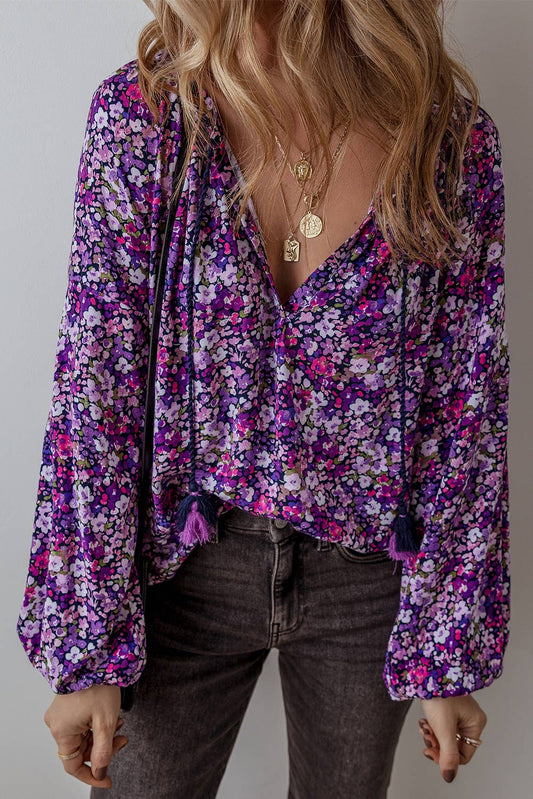 LDC Boho Flower Split V Neck Bubble Sleeve Blouse