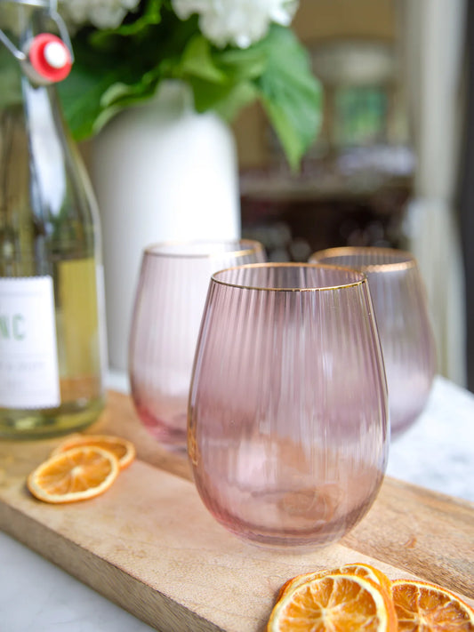Glass Stemless Wine Ribbed Mauve