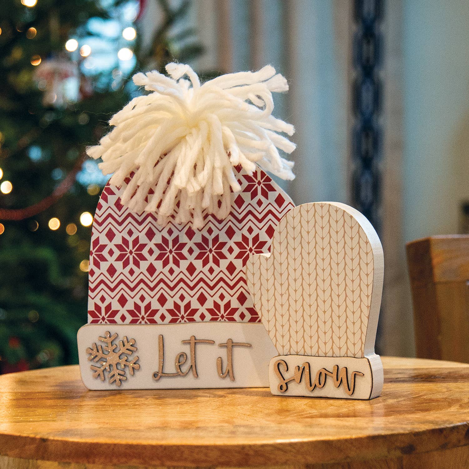 2/Set, Let It Snow Wooden Hat & Mitten Sitters