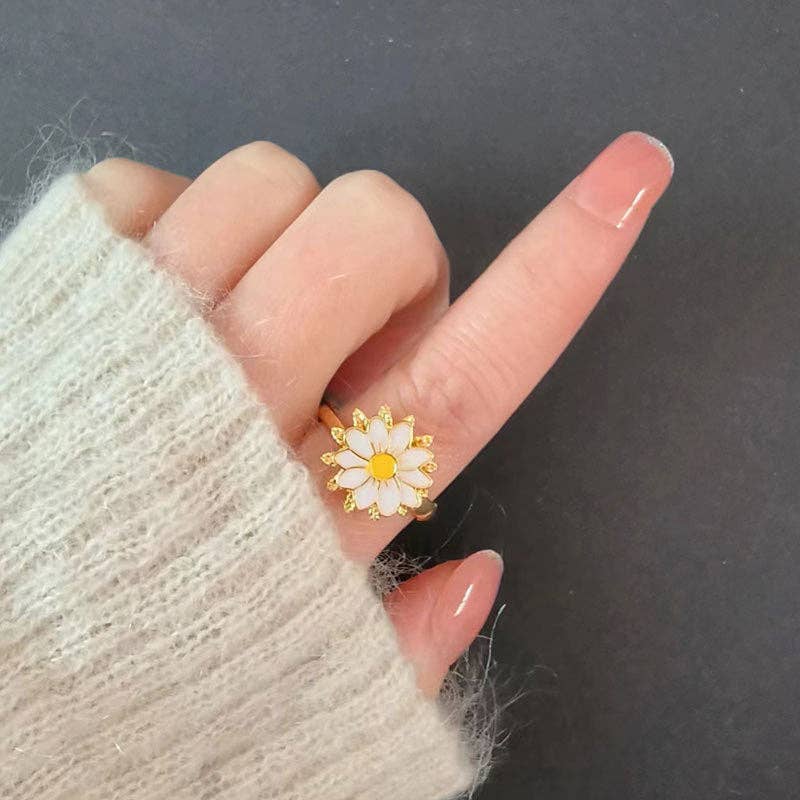 Gold Enamel Daisy Flower Fidget Spinner Ring in Solid Copper