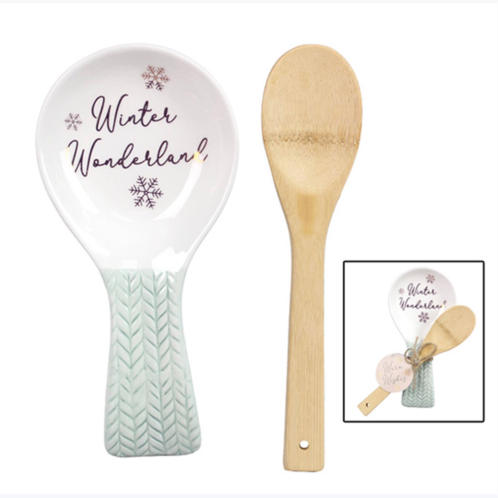 Ceramic Frosty Winter Spoon Rest with Wood Spoon