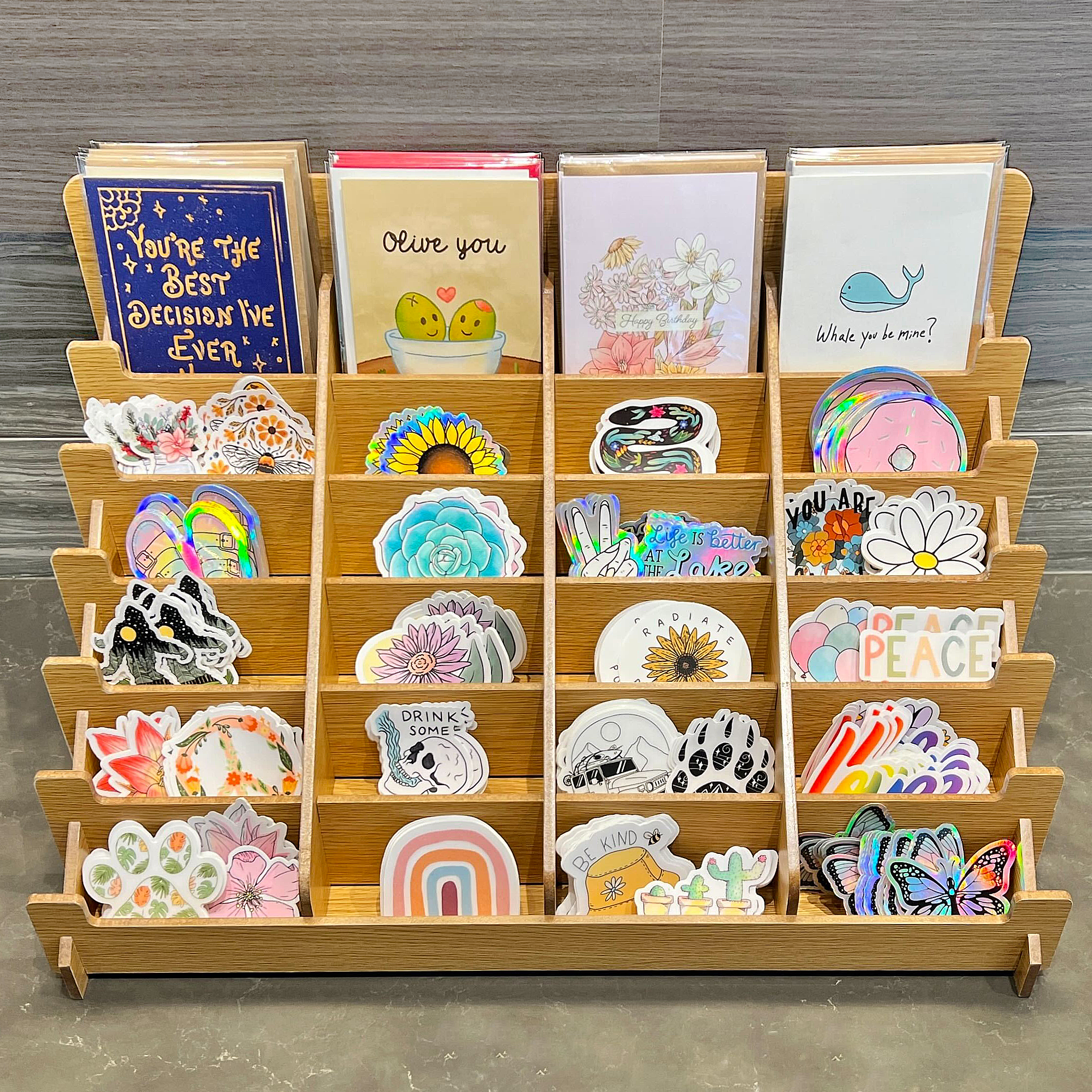 24 Pocket Wooden Sticker Display Rack - Holds 500+ Stickers!