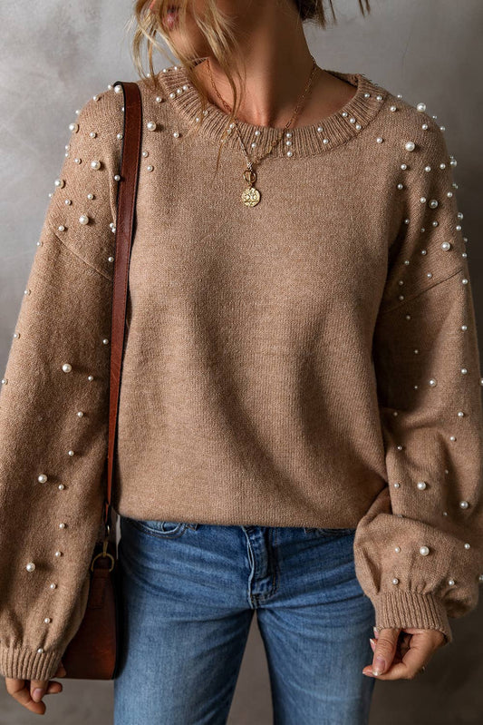 LDC Long Sleeve Round Neck Pearl Pullover Sweater