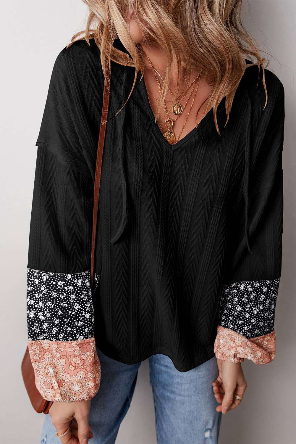 LDC Floral Patchwork Textured Knit Drawstring V Neck Blouse