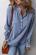 Load image into Gallery viewer, LDC  Frilled Raw Hem Half Buttoned Denim Top

