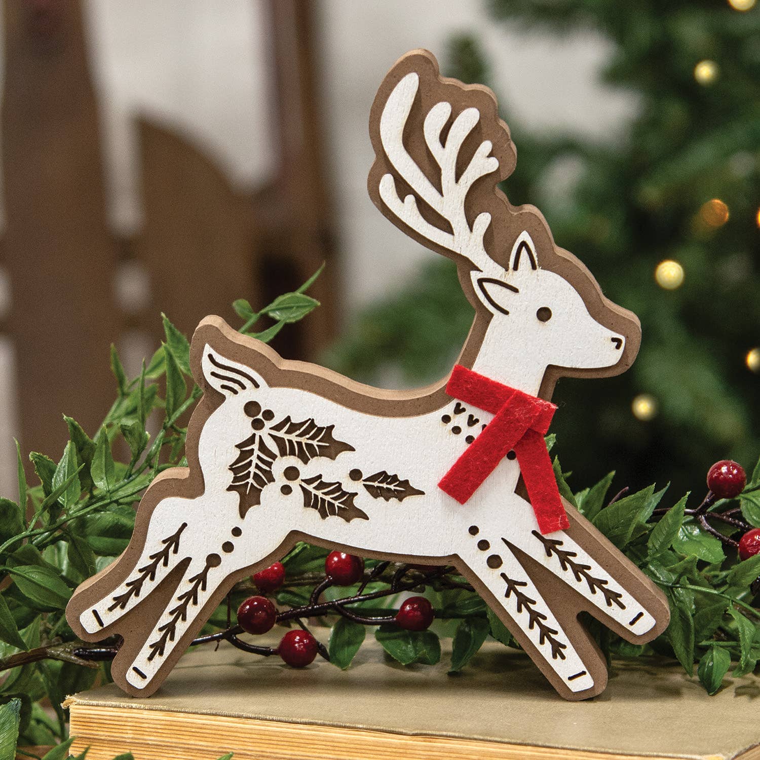 Laser Cut Leaping Holly Reindeer Sitter