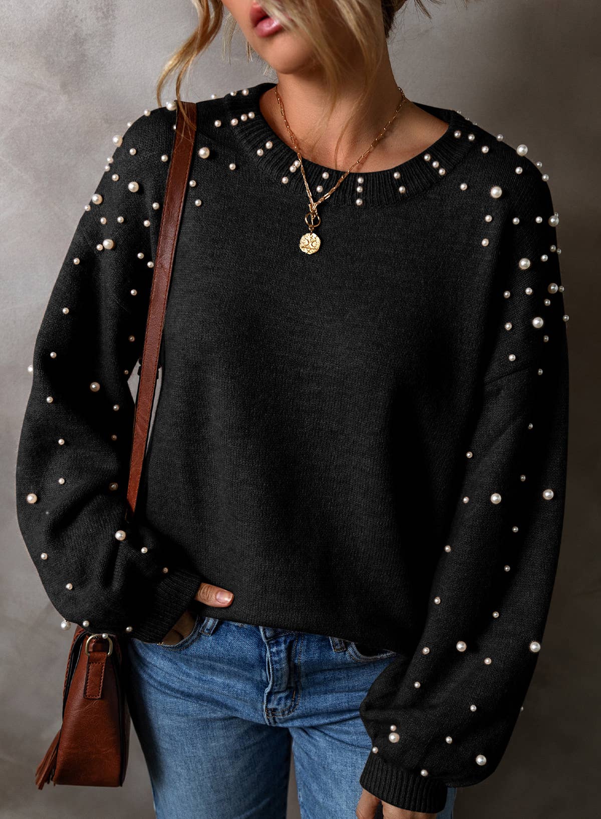 LDC Long Sleeve Round Neck Pearl Pullover Sweater