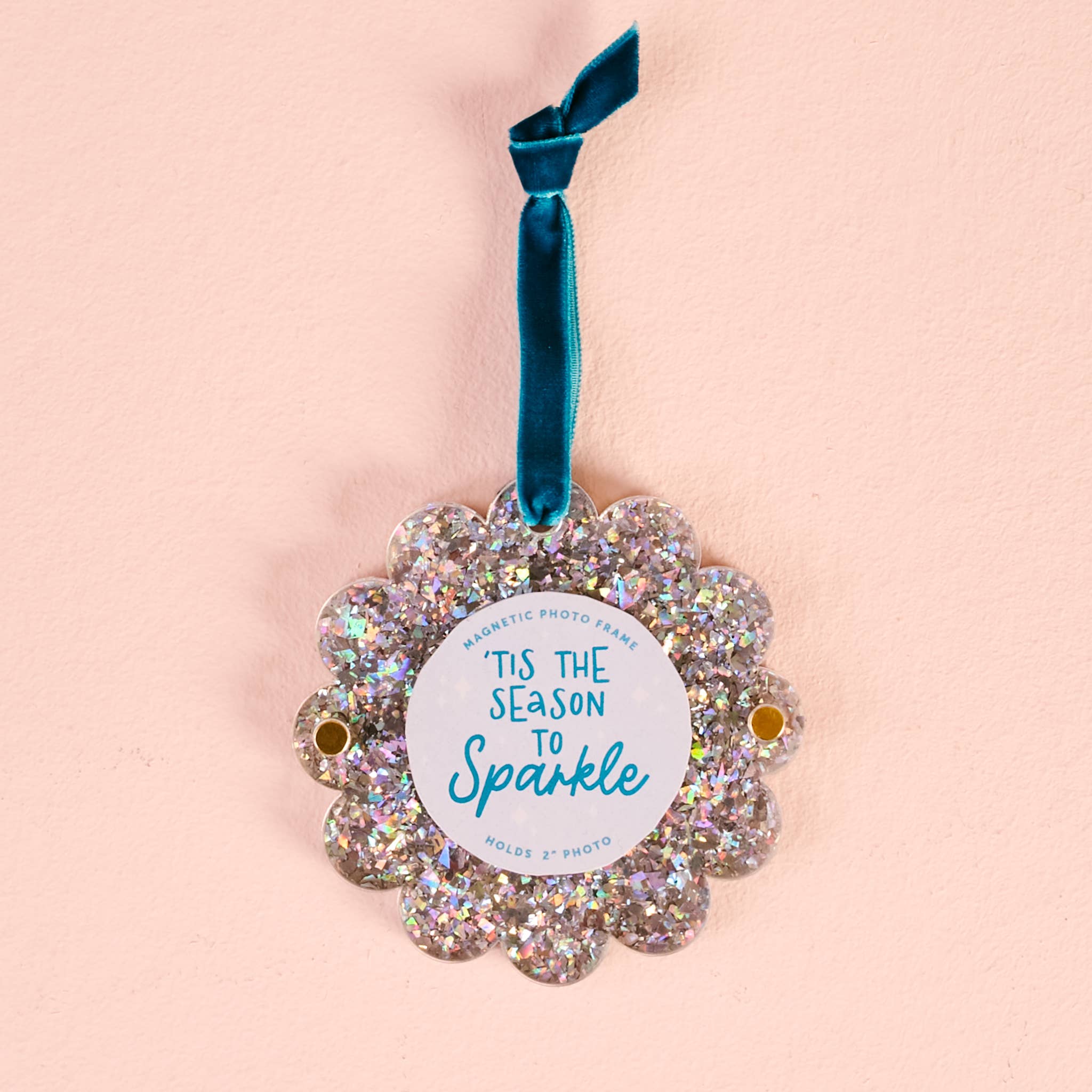 Scalloped Round Picture Frame Ornament-Silver Glitter