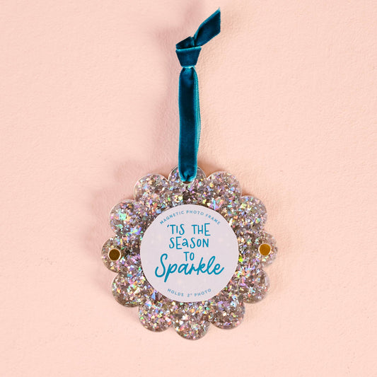 Scalloped Round Picture Frame Ornament-Silver Glitter