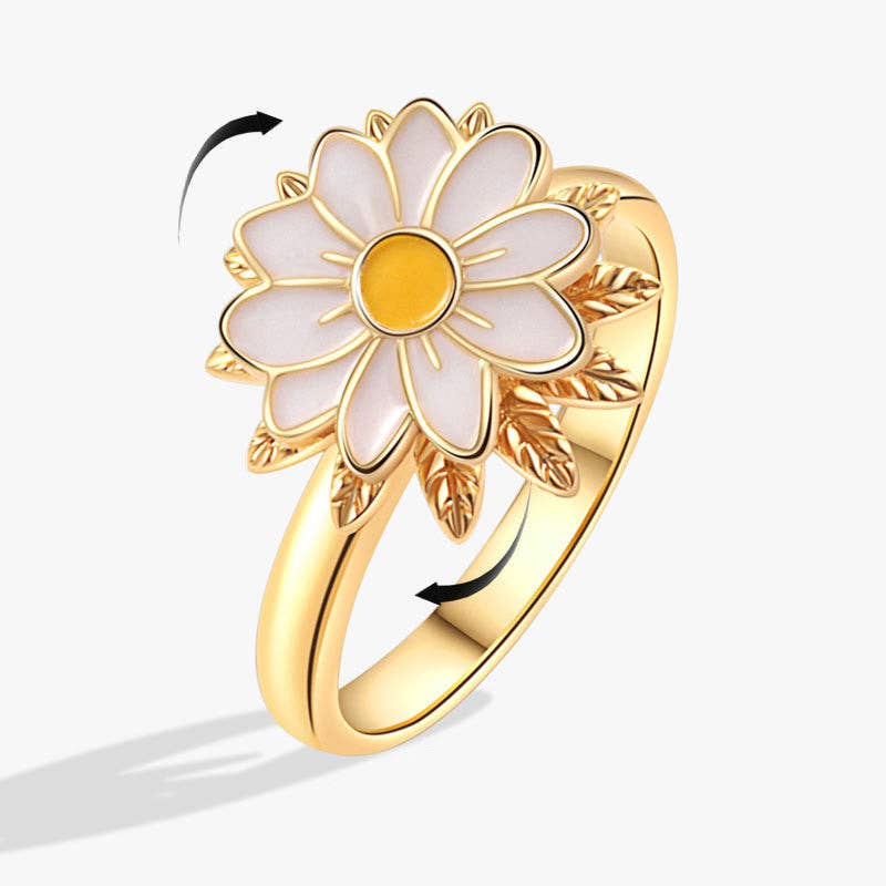 Gold Enamel Daisy Flower Fidget Spinner Ring in Solid Copper