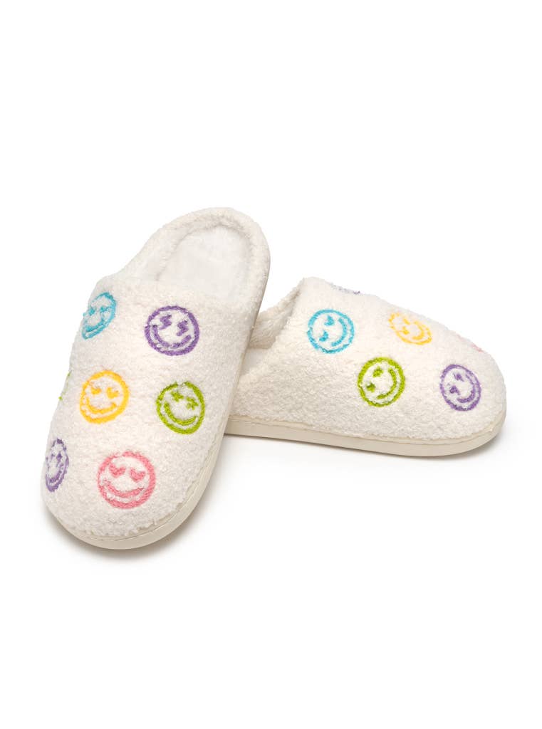 Indoor / Outdoor Slippers - Colorful Happy Faces - White