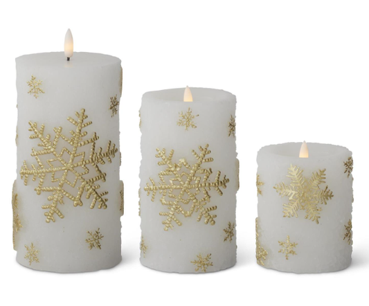 White & Gold Snowflake LED Wax Candle - Each size sold separately