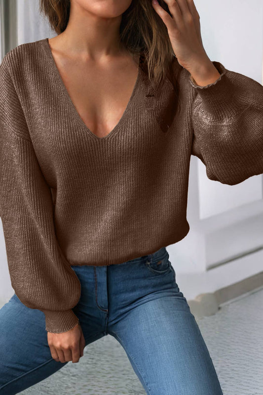 LDC Lantern Sleeve V Neck Knot Back Sweater