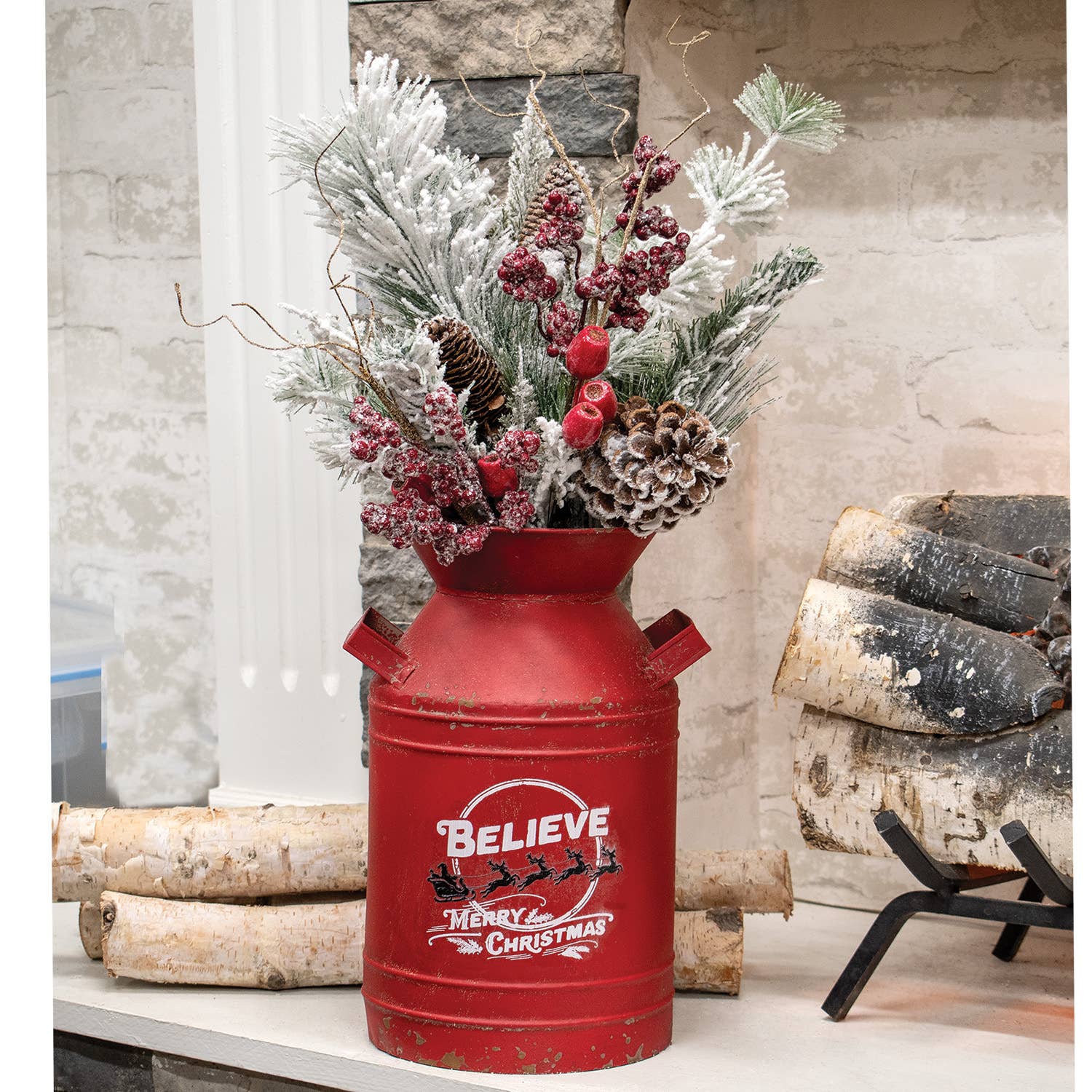 Distressed Red Metal Believe Santa & Reindeer Milk Can