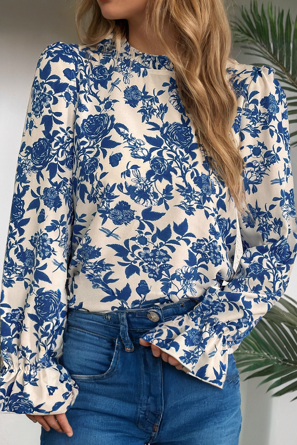 LDC Floral Print Flounce Sleeve Keyhole Back Blouse