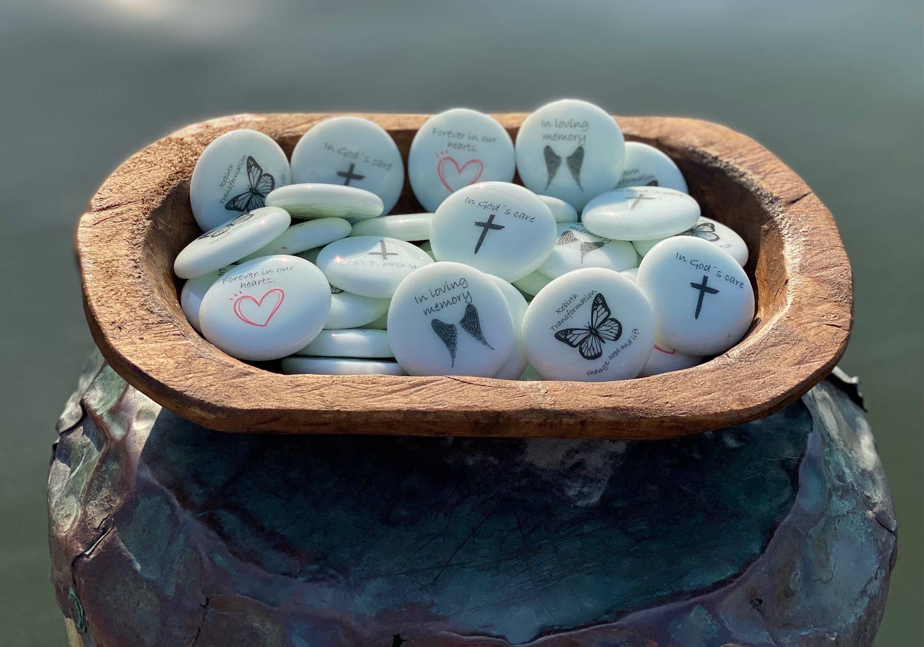Grief Imprinted Glass Stones (40) in Dough Bowl Display