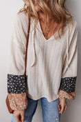 Load image into Gallery viewer, LDC Floral Patchwork Textured Knit Drawstring V Neck Blouse

