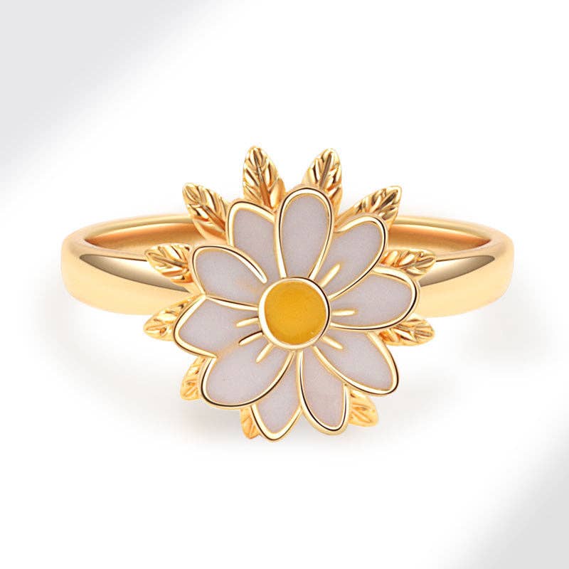 Gold Enamel Daisy Flower Fidget Spinner Ring in Solid Copper