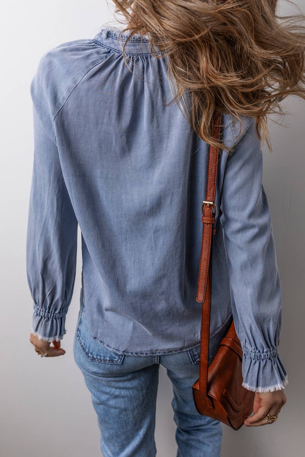 LDC  Frilled Raw Hem Half Buttoned Denim Top