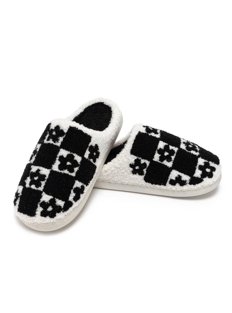 Indoor / Outdoor Slippers -Checkered w/Daisies-Black & White