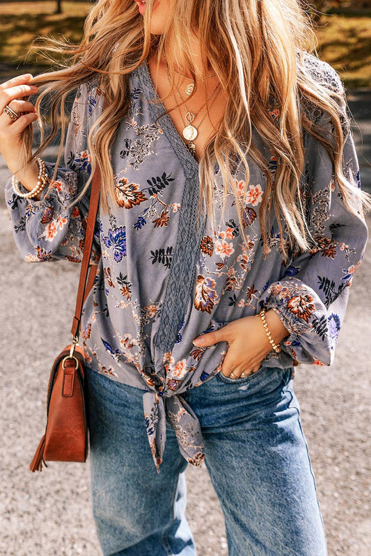 LDC Floral Print Lace Patchwork Knot Front V Neck Blouse